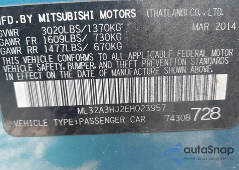 2014 Mitsubishi Mirage De from USA, damaged, VIN ML32A3HJ2EH023957